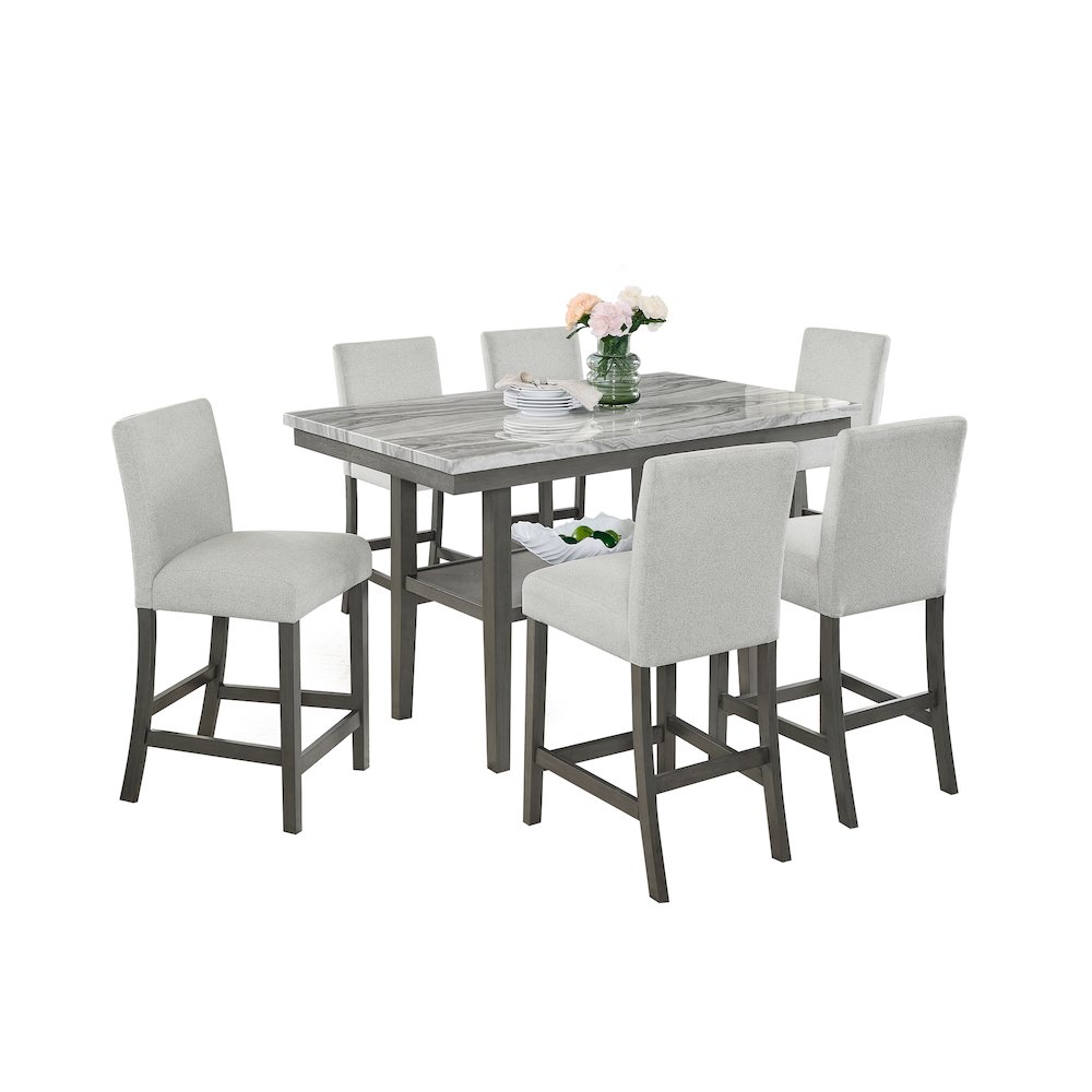Selena 7-Piece 60" Gray Faux Marble Counter Height Dining Set