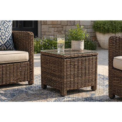 Weathered Brown Outdoor Wicker Rectangular Side Table for Patio Use
