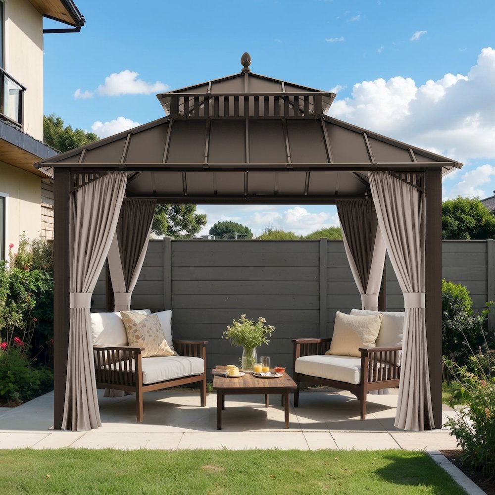 10 ft x 10 ft Hardtop Gazebo with Steel Roof, Brown Aluminum Frame