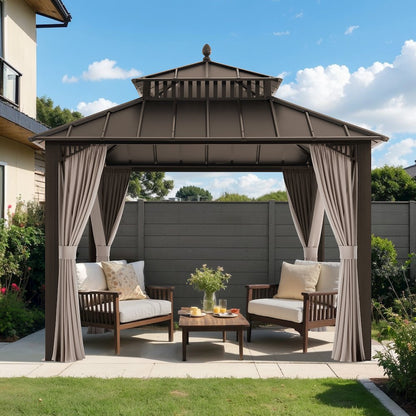 10 ft x 10 ft Hardtop Gazebo with Steel Roof, Brown Aluminum Frame
