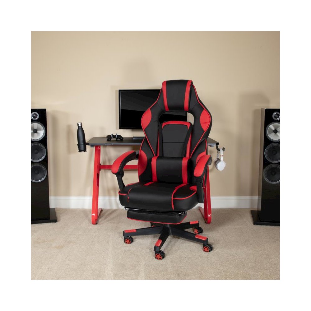 Red Gaming Desk with Cup Holder/Headphone Hook & Red Reclining Back/Arms Gaming Chair with Footrest