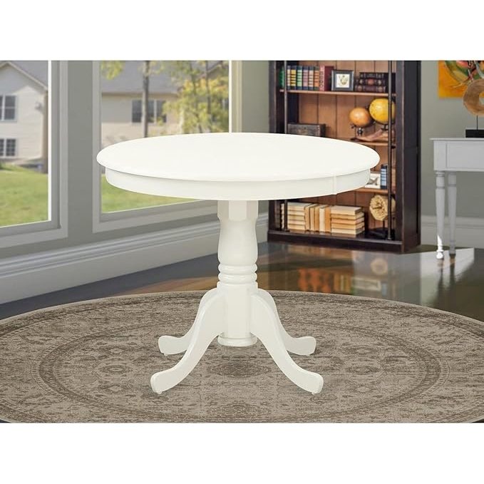 ANT-LWH-TP Antique Dining Room Table - a Round kitchen Table Top with Pedestal Base, 36x36 Inch, Linen White