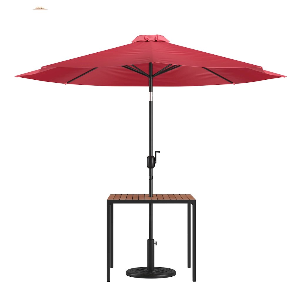 3 Piece Outdoor Patio Table Set - 35" Square Synthetic Teak Patio Table with Red Umbrella and Base