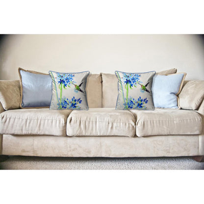 Hummingbird & Blue Flowers Large Pillow 18x18