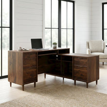 Grand Walnut Finish Office L Desk With Modern Mid-Century Style