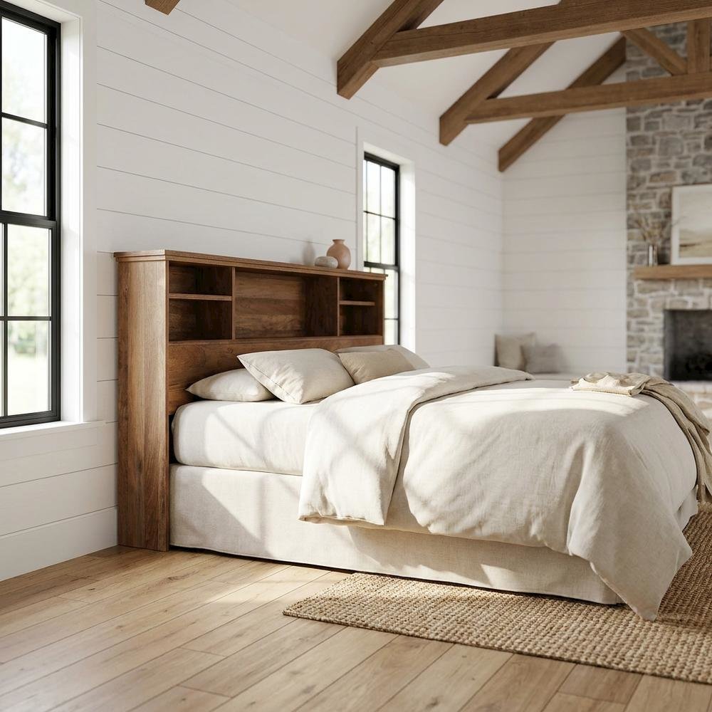 Engineered Wood Farmhouse Bookcase Headboard for Full and Queen Beds