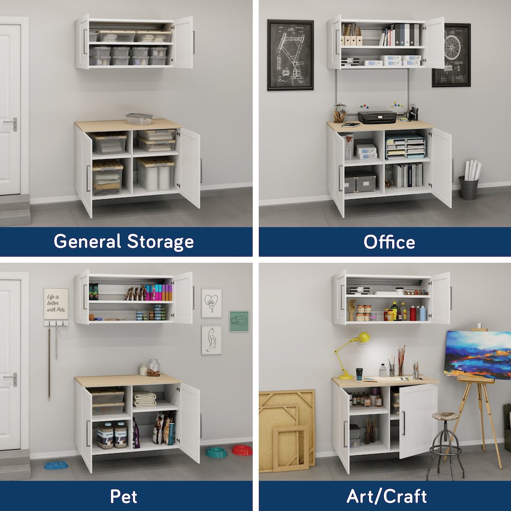 Garage Core Upper Cabinet, Base Cabinet, Doors, and Top, White finish