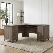 Traditional L-shaped office desk in Emery Oak finish with spacious work surface