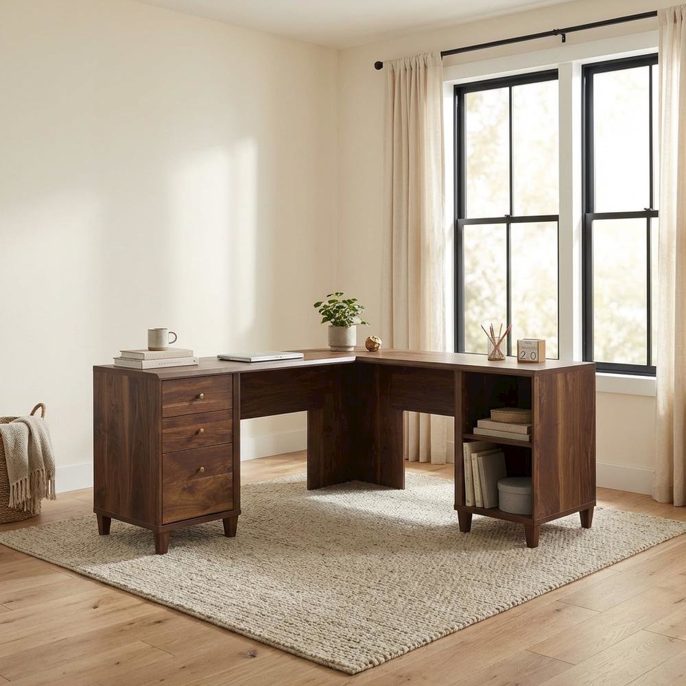 Modern L-Shaped Office Desk In Grand Walnut Finish With Stylish Design