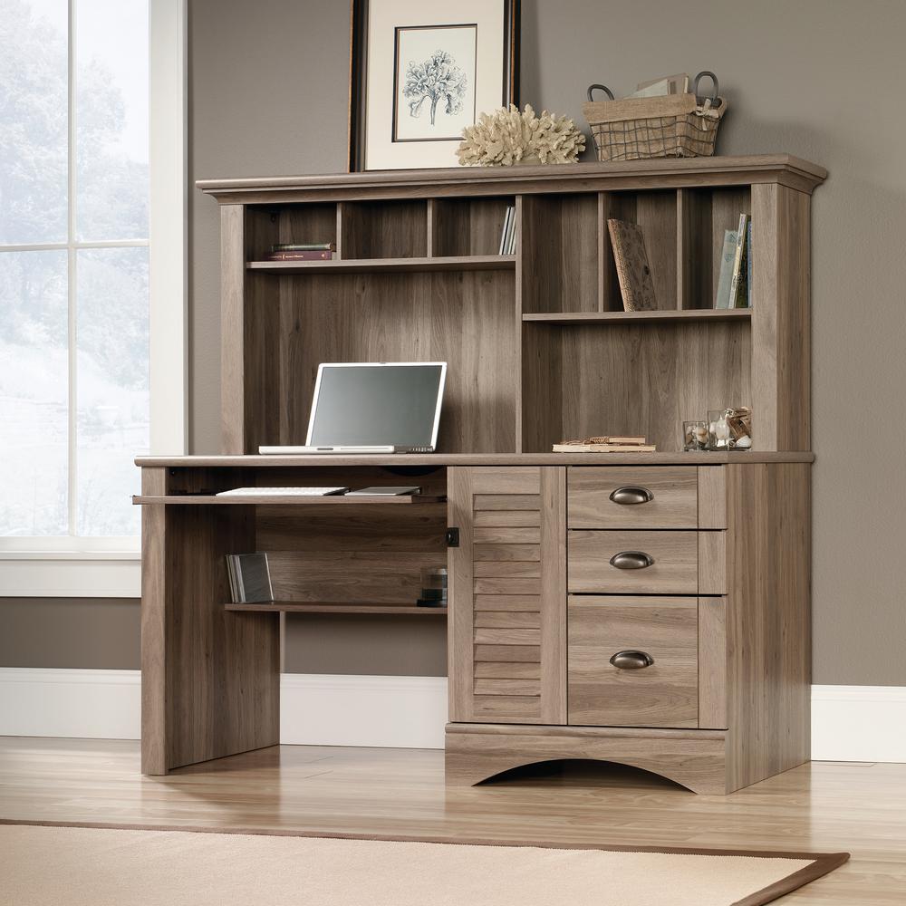 Harbor View Computer Desk with Hutch, Salt Oak finish