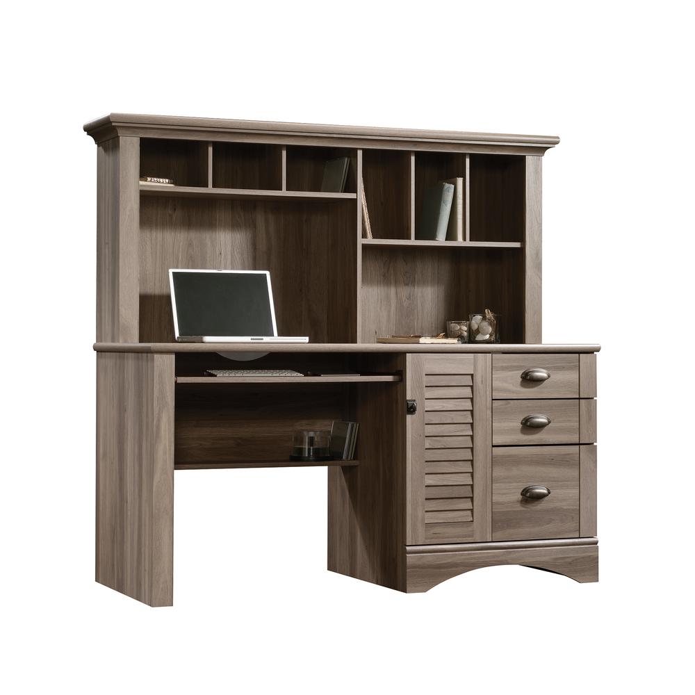Harbor View Computer Desk with Hutch, Salt Oak finish