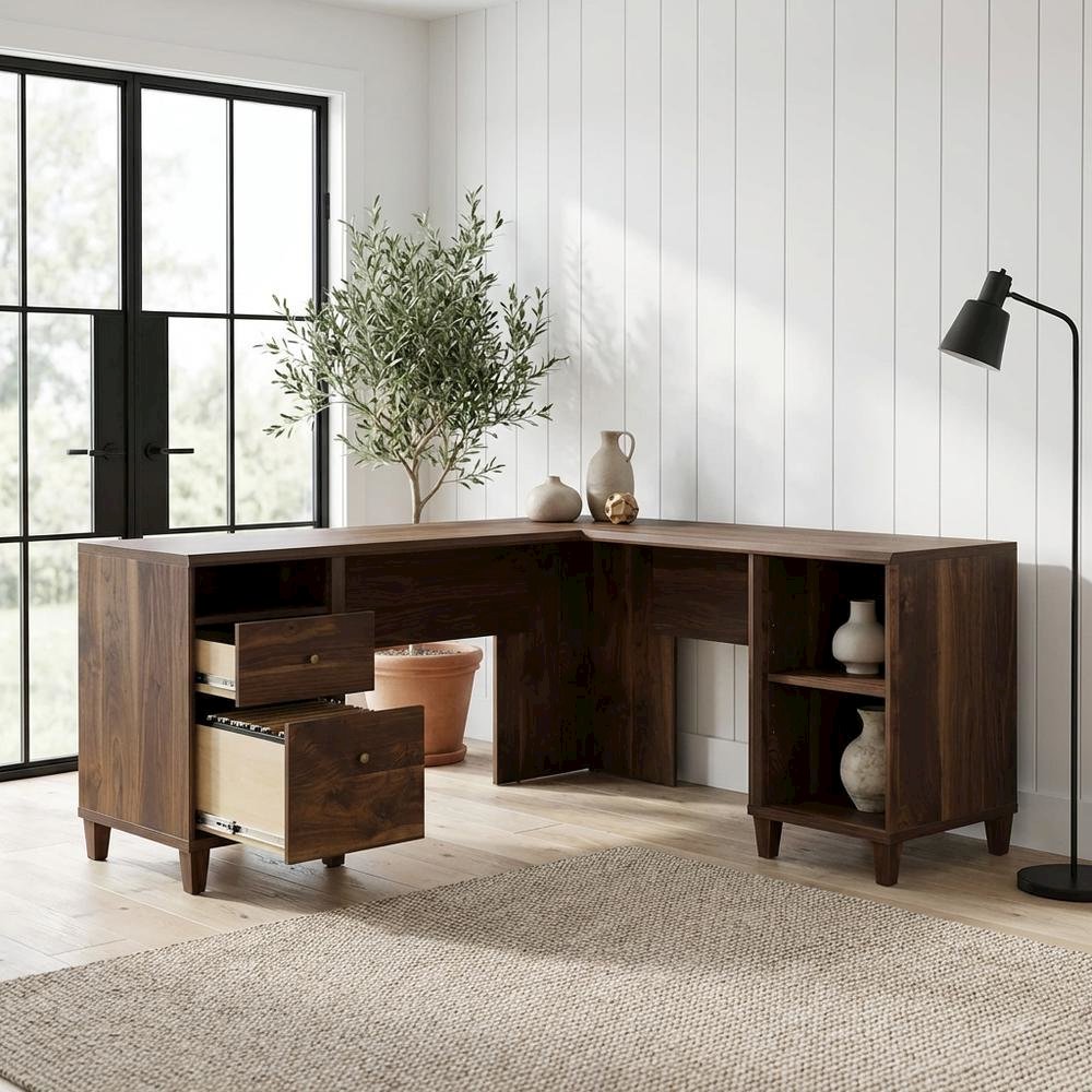Modern L-Shaped Office Desk In Grand Walnut Finish With Stylish Design