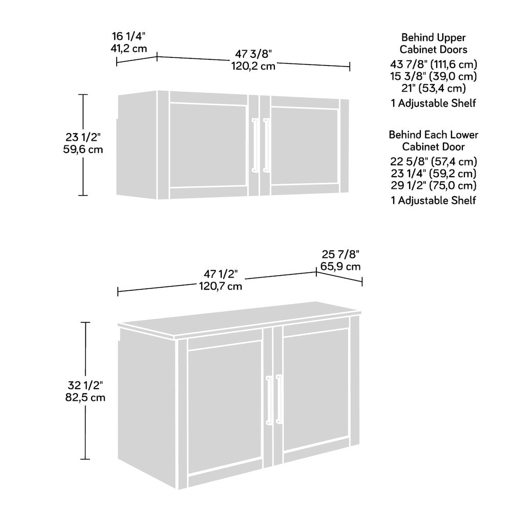 Garage Core Upper Cabinet, Base Cabinet, Doors, and Top, White finish