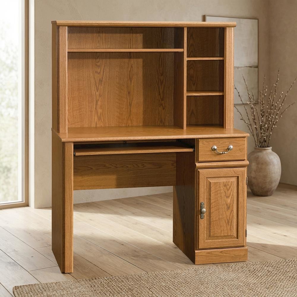 Traditional Brown Desk with Hutch, Rectangle Style, Sturdy Wood Finish