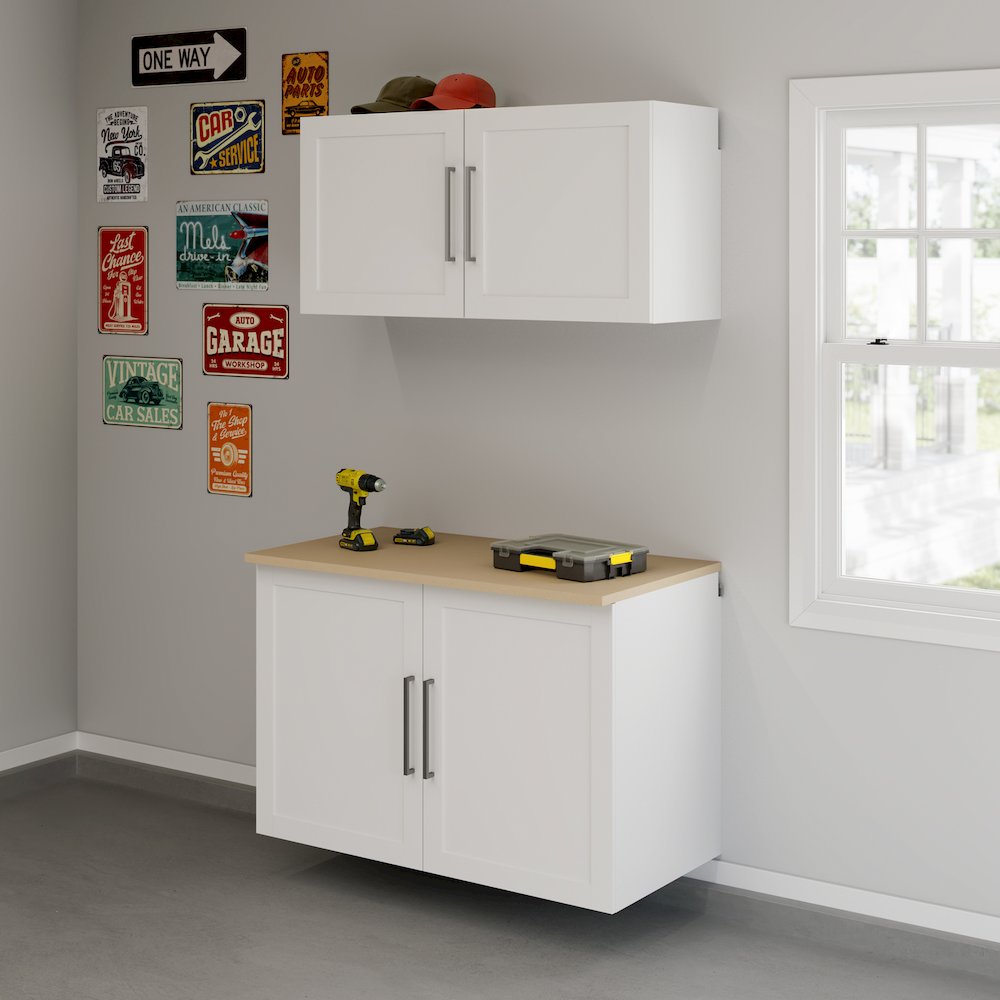 Garage Core Upper Cabinet, Base Cabinet, Doors, and Top, White finish