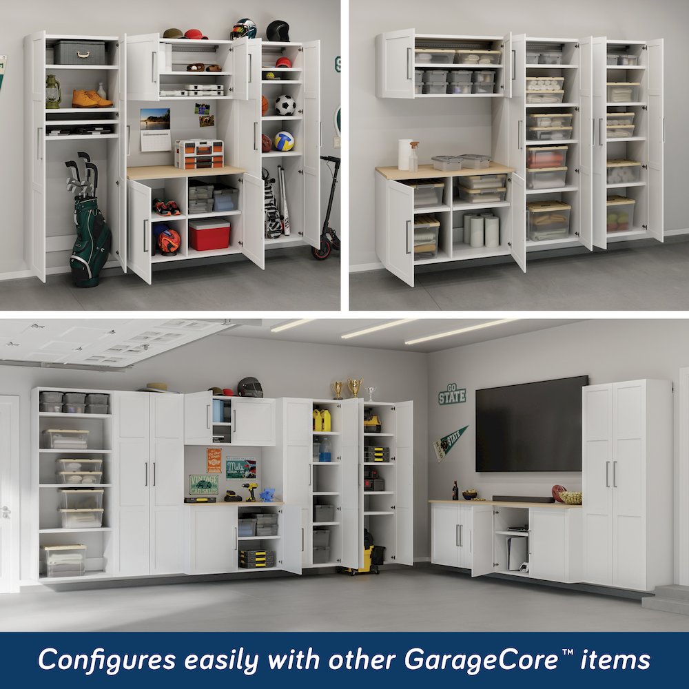 Garage Core Upper Cabinet, Base Cabinet, Doors, and Top, White finish