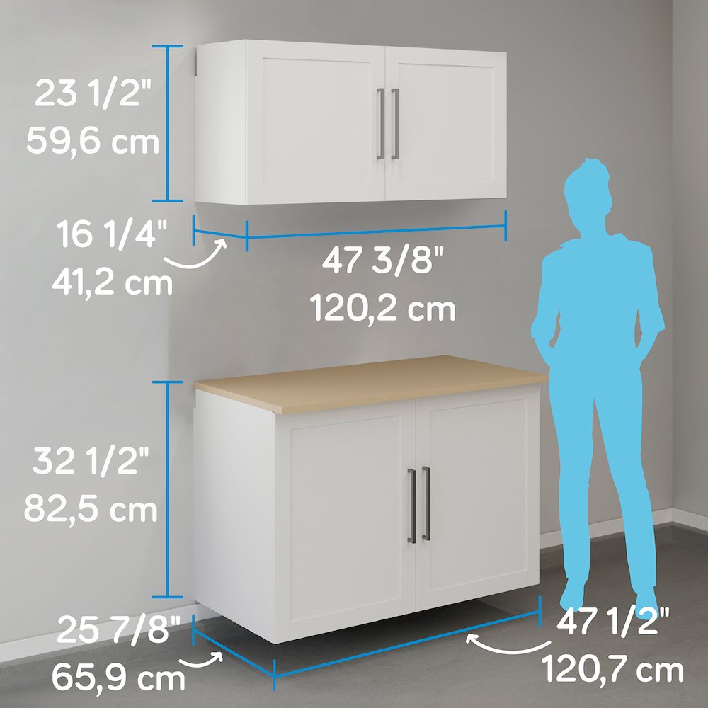 Garage Core Upper Cabinet, Base Cabinet, Doors, and Top, White finish