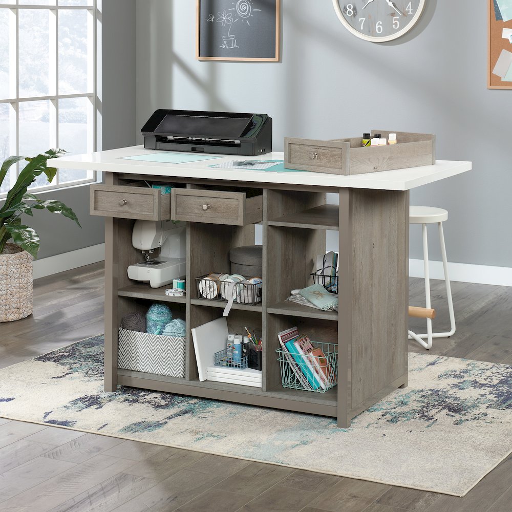 Durable Craft Work Table with Storage/Pantry cabinets, Mystic Oak Finish