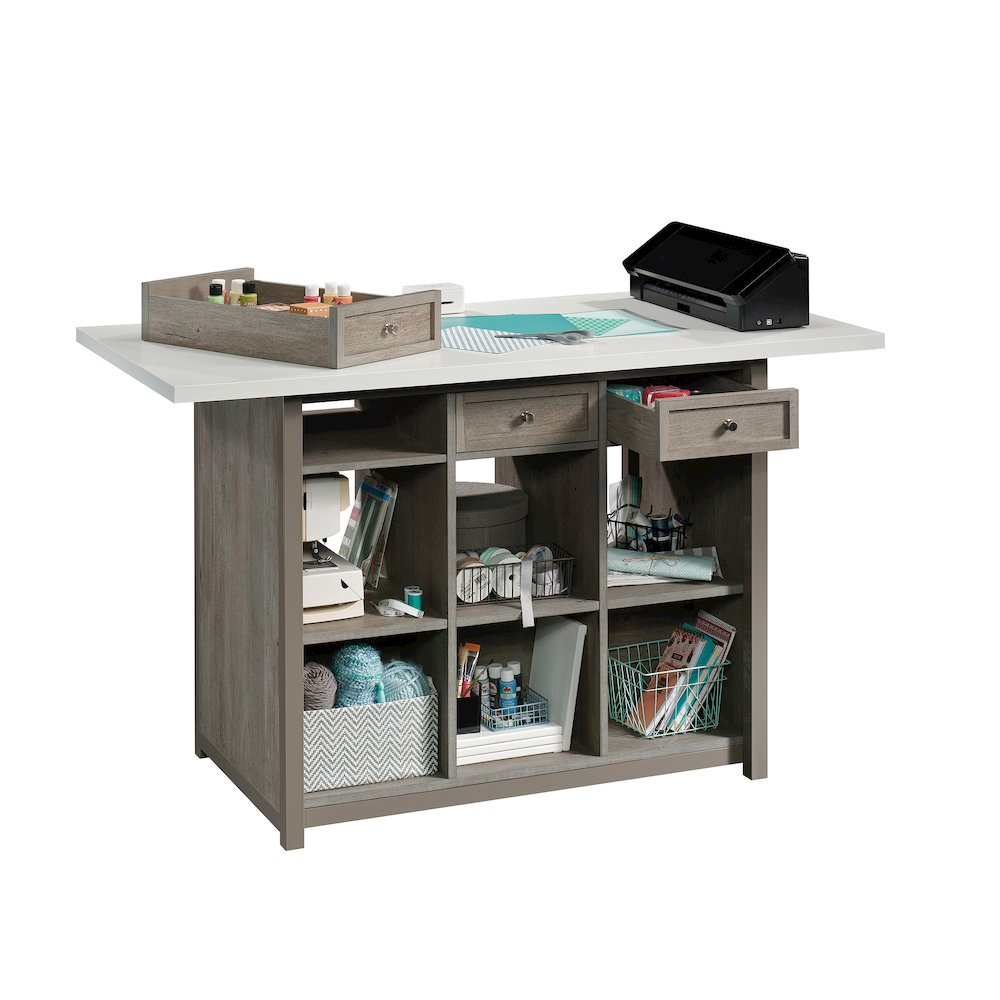 Durable Craft Work Table with Storage/Pantry cabinets, Mystic Oak Finish
