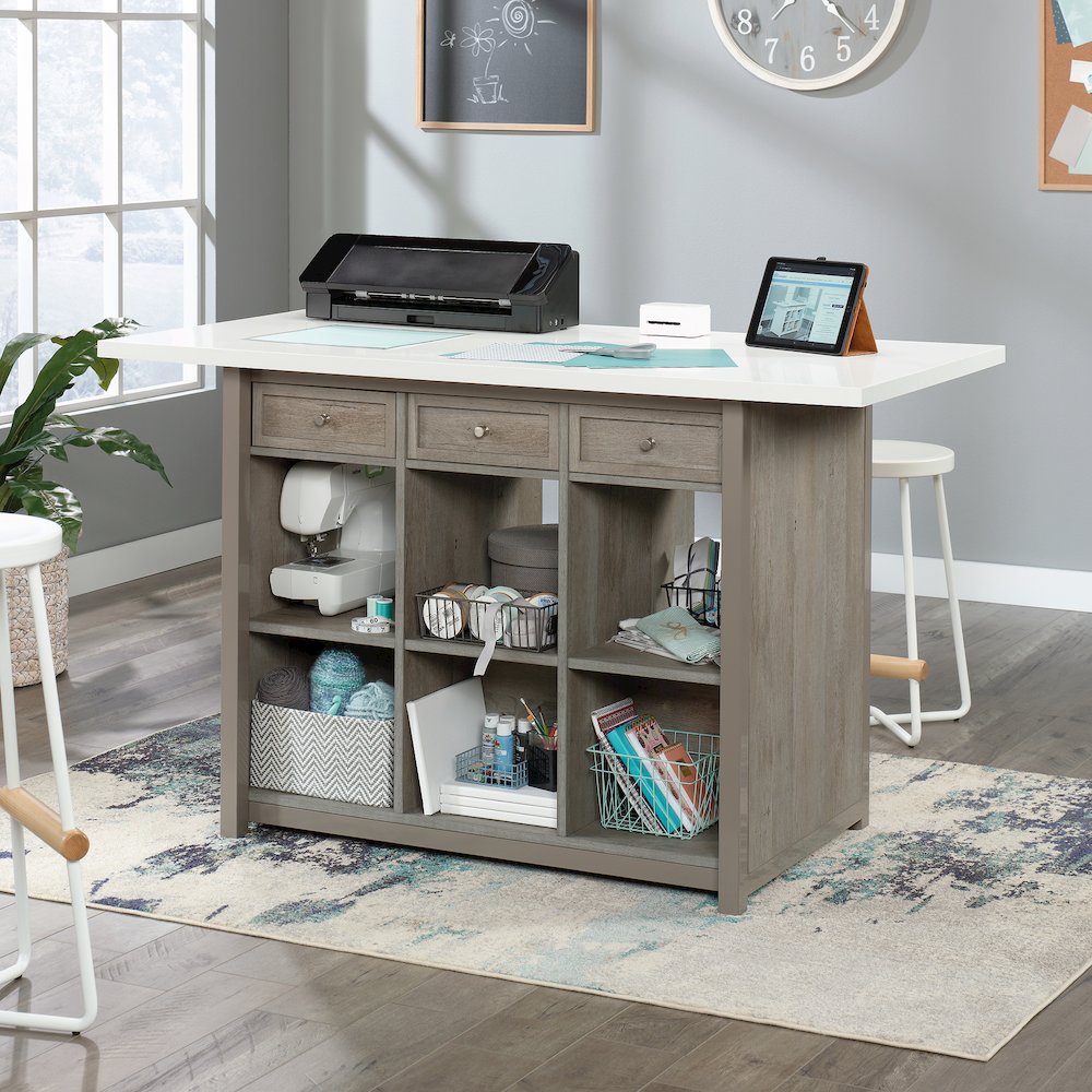 Durable Craft Work Table with Storage/Pantry cabinets, Mystic Oak Finish