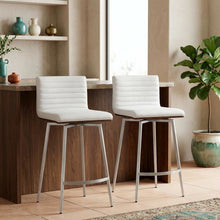 Stainless Steel and Walnut Counter Stool with White Faux Leather Cover, Set of 2