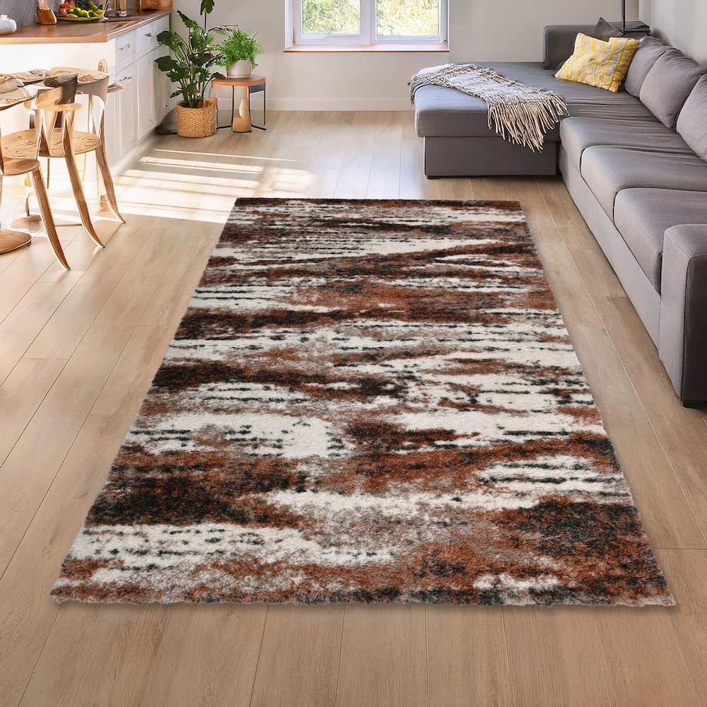 Emily 07 Rust & Ivory Abstract Shag Area Rug