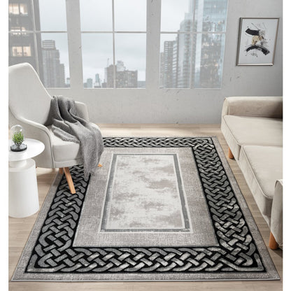 Ksamil 10 Gray & Black Braided Border Area Rug