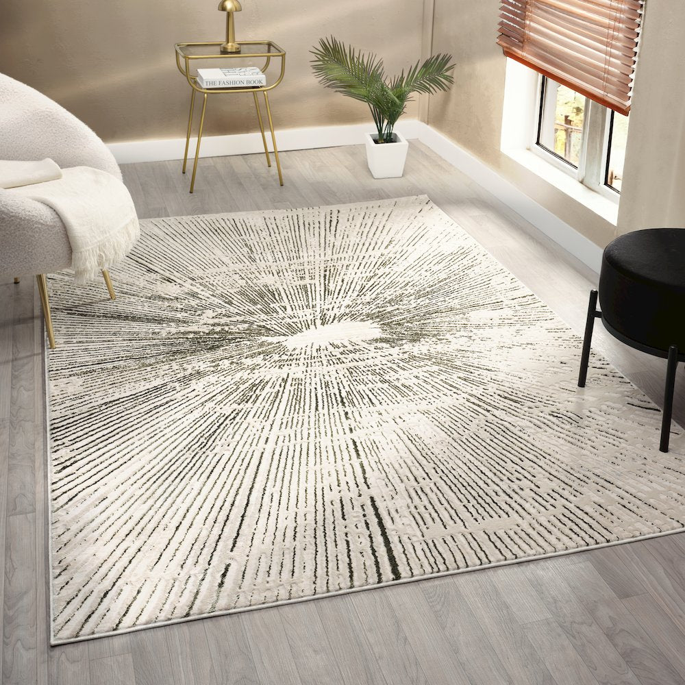 Mila Collection 06 Radiant Burst Modern Area Rug – Ivory/Gray