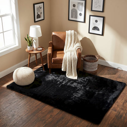 Miami 02 Black Faux Fur Memory Foam Area Rug