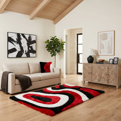 Mateos MS71 Red Black White Abstract Swirl Shag Rug