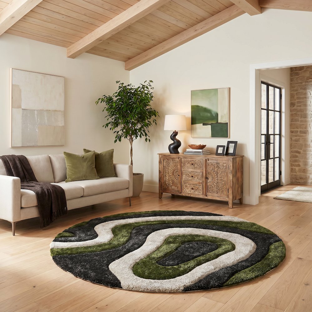 Mateos MS75 Green Beige Abstract Swirl Shag Rug