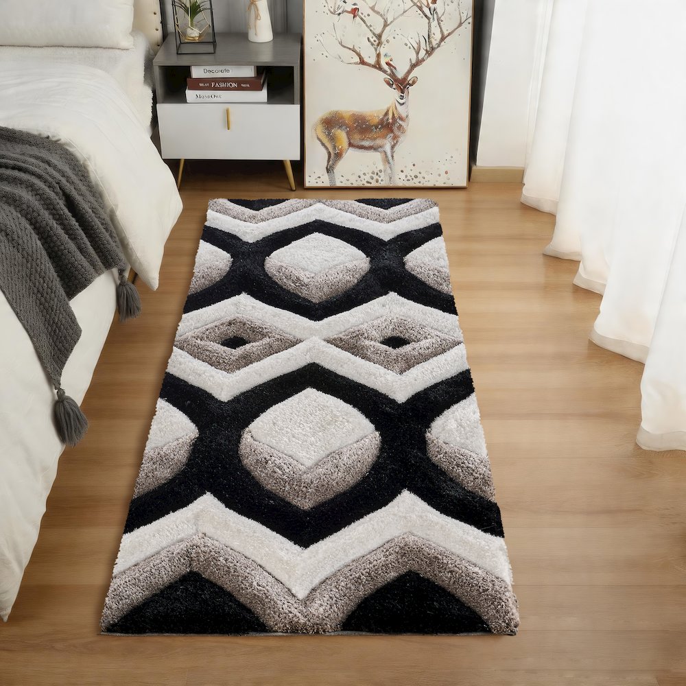 Mateos MS80 Black & Ivory Geometric Chevron Shag Rug