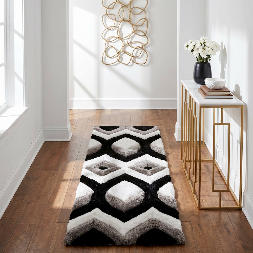 Mateos MS80 Black & Ivory Geometric Chevron Shag Rug