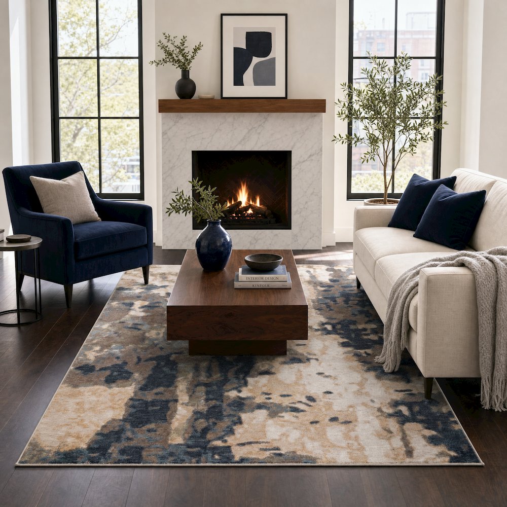 Roma Collection RM03 Painterly Contemporary Area Rug – Ivory, Navy & Taupe