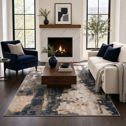 Roma Collection RM03 Painterly Contemporary Area Rug – Ivory, Navy & Taupe