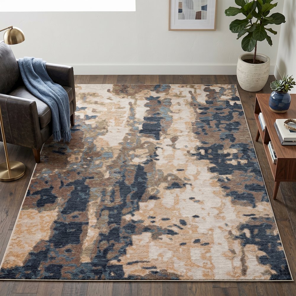 Roma Collection RM03 Painterly Contemporary Area Rug – Ivory, Navy & Taupe