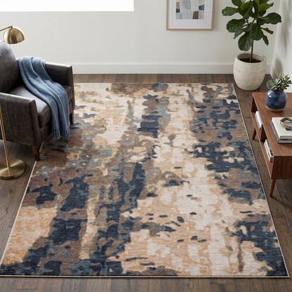 Roma Collection RM03 Painterly Contemporary Area Rug – Ivory, Navy & Taupe