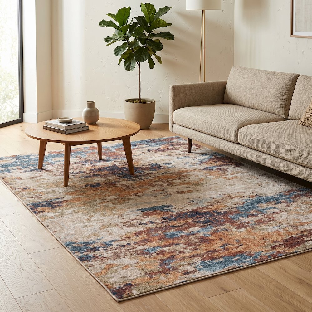 Roma Collection RM04 Painterly Multicolor Area Rug – Ivory, Blue & Rust