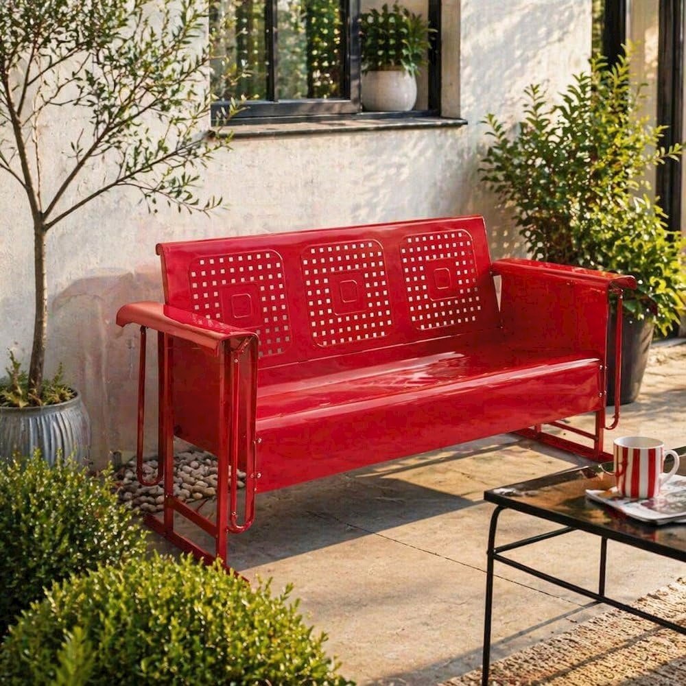 Red outdoor sofa glider with sturdy frame and comfortable seating for three
