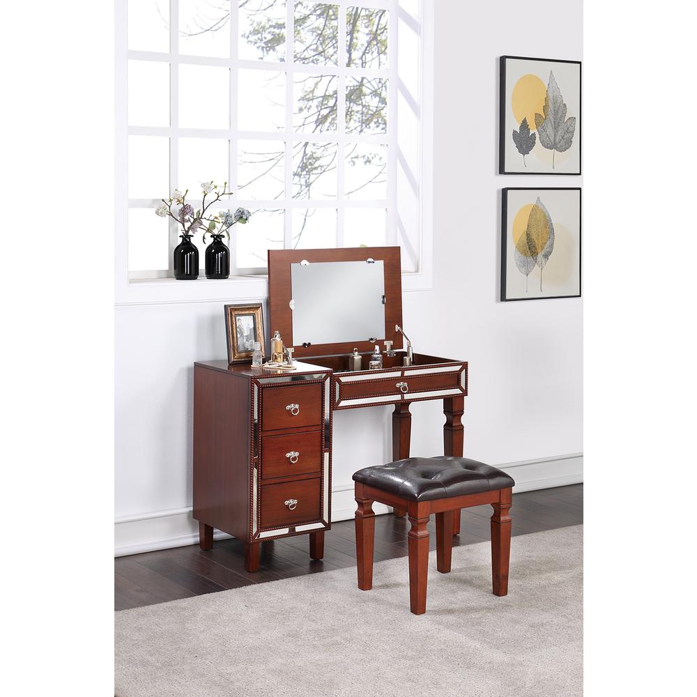 Wooden Makeup Vanity Set with Lift-up Mirror and Stool - Cherry