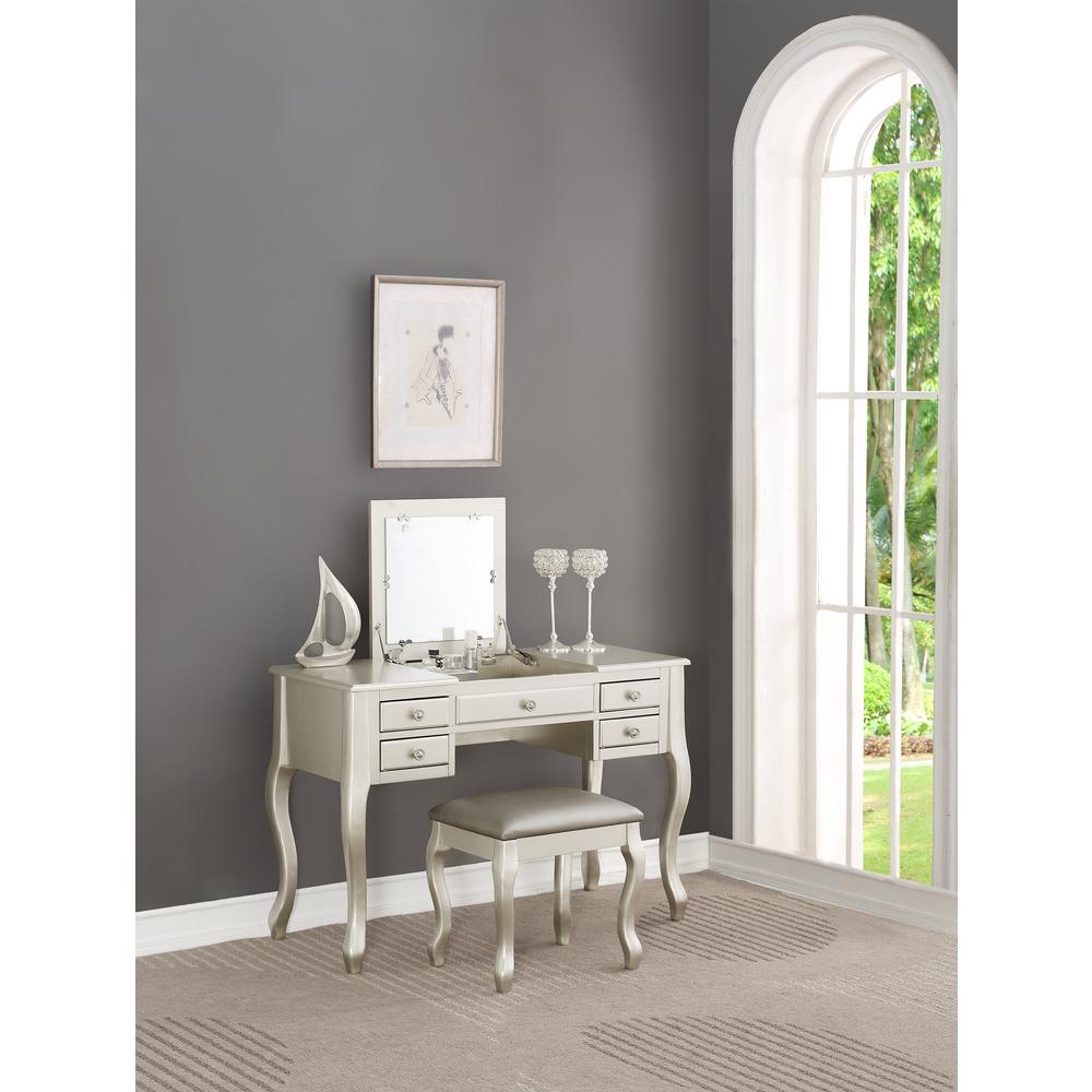 Wooden Makeup Vanity Set Desk, Mirror and Stool - Silver