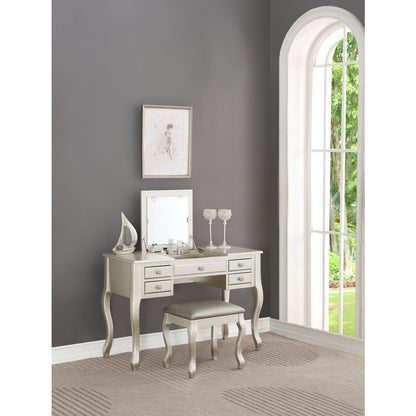Wooden Makeup Vanity Set Desk, Mirror and Stool - Silver