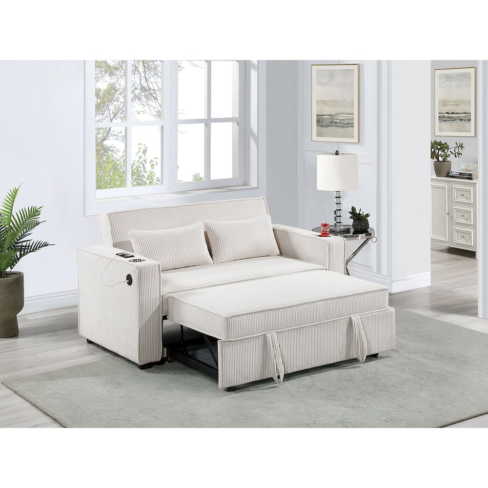 Upholstered Corduroy Convertible Sofa with Cupholders in Beige