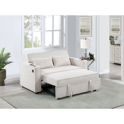 Upholstered Corduroy Convertible Sofa with Cupholders in Beige