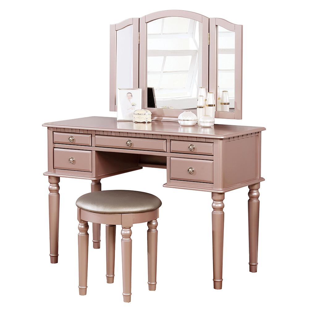 Wooden Makeup Vanity Set Desk, Mirror and Stool - Rose Gold