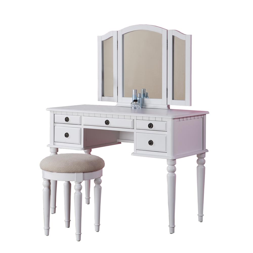 Wooden Makeup Vanity Set Desk, Mirror and Stool - White