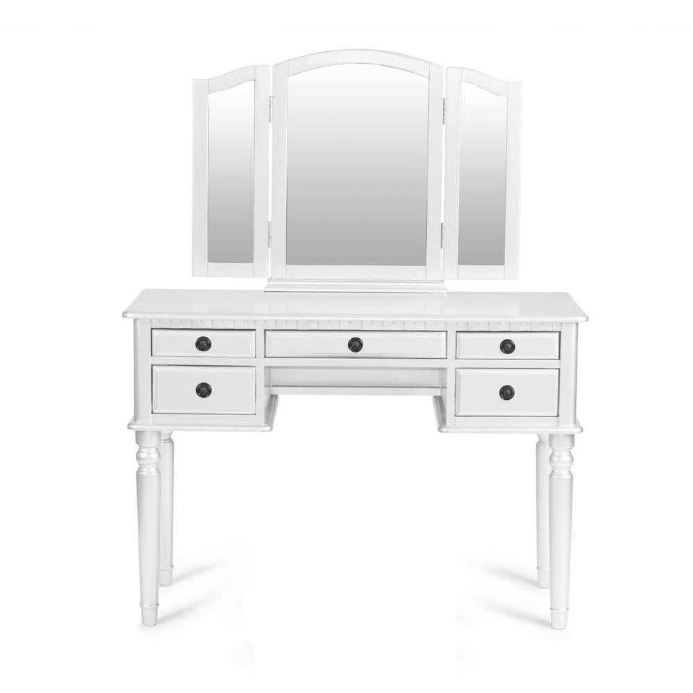 Wooden Makeup Vanity Set Desk, Mirror and Stool - White