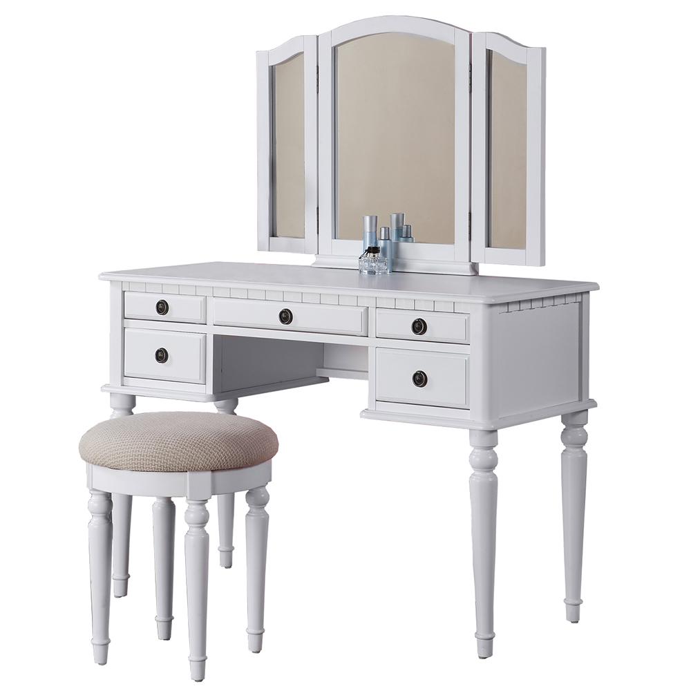 Wooden Makeup Vanity Set Desk, Mirror and Stool - White