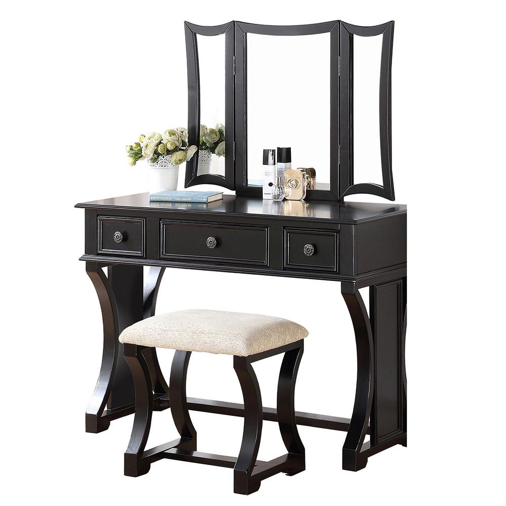 Wooden Makeup Vanity Set Desk, Mirror and Stool - Black