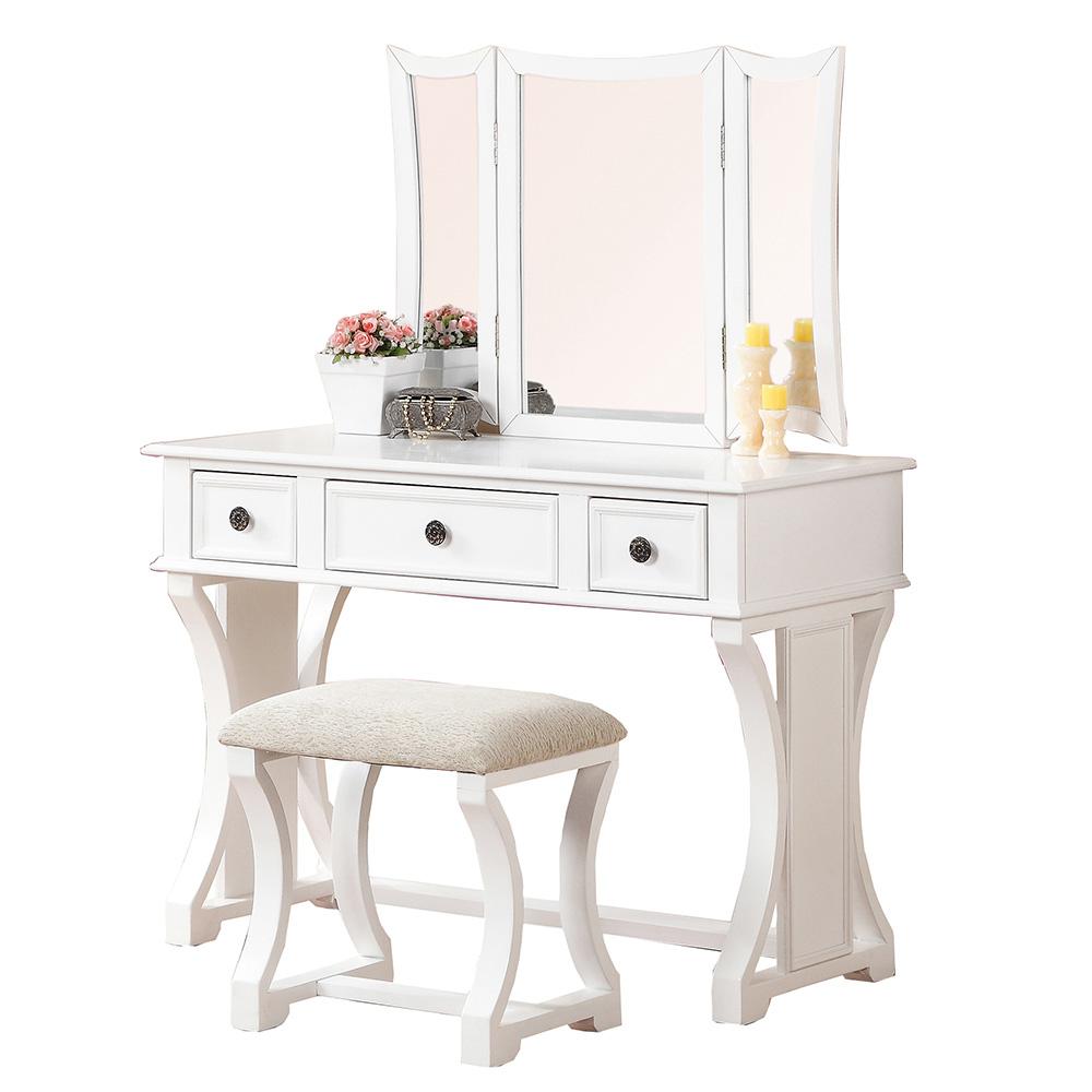 Wooden Makeup Vanity Set Desk, Mirror and Stool - White
